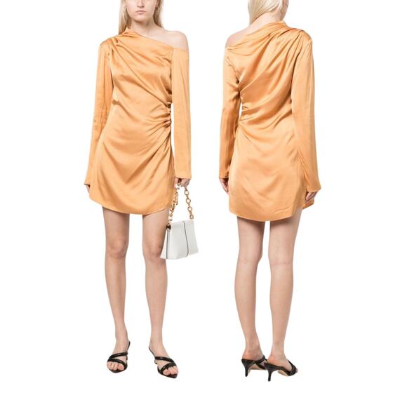 A.L.C. Jamie Mini Dress Satin One Shoulder Long Sleeve Ruched Orange Size 10 - Picture 1 of 11